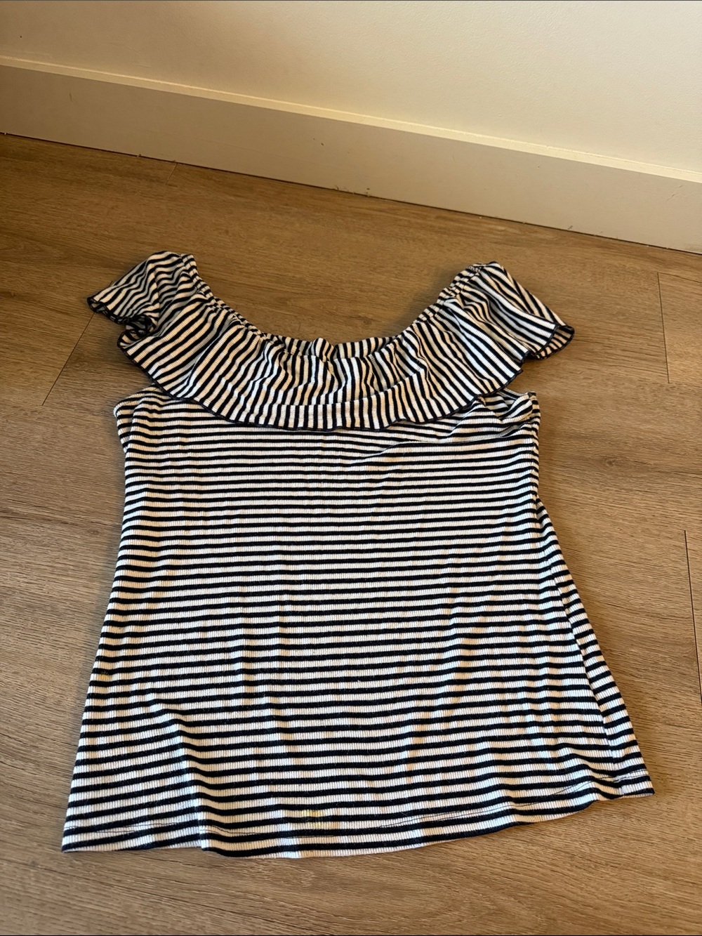 a new day Black & White Striped Off-Shoulder Ruffle Camisole
